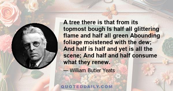 A tree there is that from its topmost bough Is half all glittering flame and half all green Abounding foliage moistened with the dew; And half is half and yet is all the scene; And half and half consume what they renew.