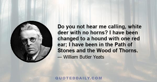 Do you not hear me calling, white deer with no horns? I have been changed to a hound with one red ear; I have been in the Path of Stones and the Wood of Thorns.