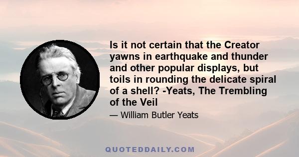 Is it not certain that the Creator yawns in earthquake and thunder and other popular displays, but toils in rounding the delicate spiral of a shell? -Yeats, The Trembling of the Veil