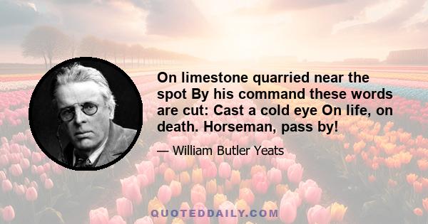 On limestone quarried near the spot By his command these words are cut: Cast a cold eye On life, on death. Horseman, pass by!