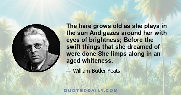 The hare grows old as she plays in the sun And gazes around her with eyes of brightness; Before the swift things that she dreamed of were done She limps along in an aged whiteness.