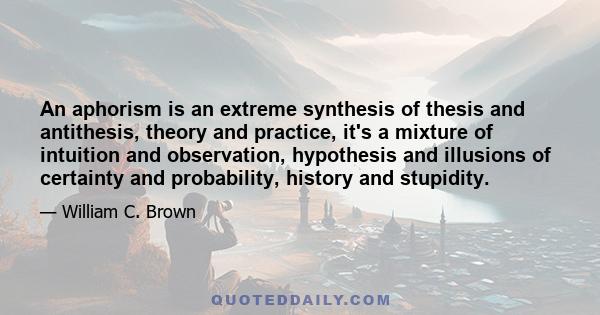 An aphorism is an extreme synthesis of thesis and antithesis, theory and practice, it's a mixture of intuition and observation, hypothesis and illusions of certainty and probability, history and stupidity.