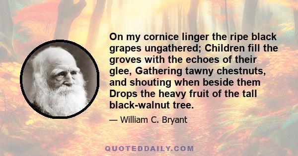 On my cornice linger the ripe black grapes ungathered; Children fill the groves with the echoes of their glee, Gathering tawny chestnuts, and shouting when beside them Drops the heavy fruit of the tall black-walnut tree.