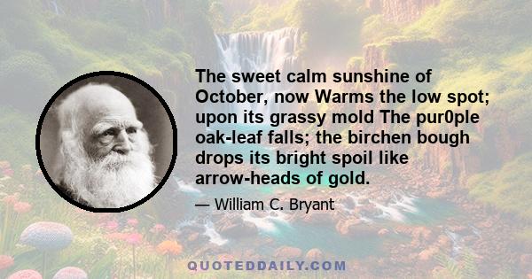 The sweet calm sunshine of October, now Warms the low spot; upon its grassy mold The pur0ple oak-leaf falls; the birchen bough drops its bright spoil like arrow-heads of gold.