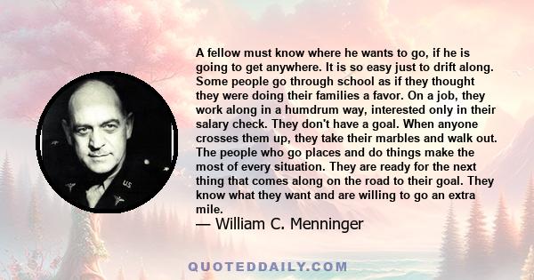 A fellow must know where he wants to go, if he is going to get anywhere. It is so easy just to drift along. Some people go through school as if they thought they were doing their families a favor. On a job, they work