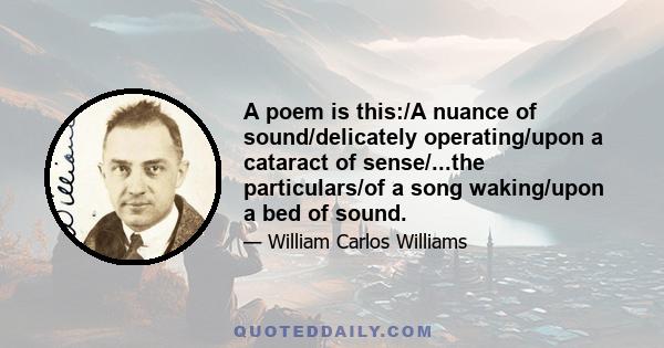 A poem is this:/A nuance of sound/delicately operating/upon a cataract of sense/...the particulars/of a song waking/upon a bed of sound.