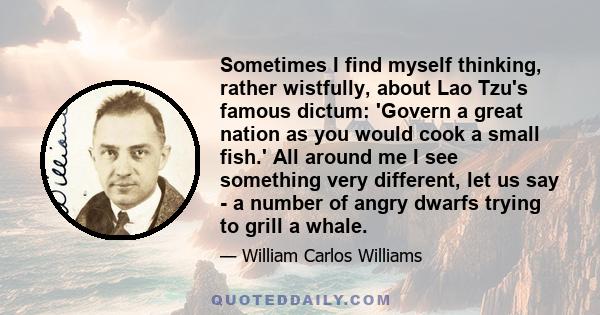 Sometimes I find myself thinking, rather wistfully, about Lao Tzu's famous dictum: 'Govern a great nation as you would cook a small fish.' All around me I see something very different, let us say - a number of angry