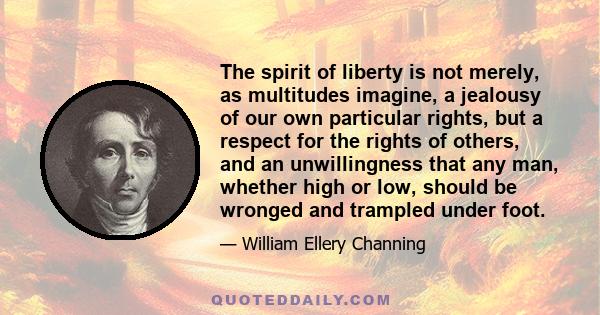 The spirit of liberty is not merely, as multitudes imagine, a jealousy of our own particular rights, but a respect for the rights of others, and an unwillingness that any man, whether high or low, should be wronged and