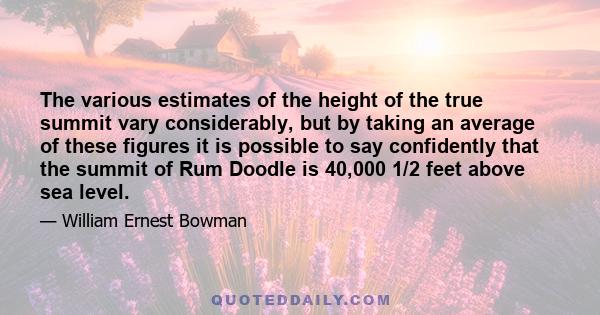 The various estimates of the height of the true summit vary considerably, but by taking an average of these figures it is possible to say confidently that the summit of Rum Doodle is 40,000 1/2 feet above sea level.