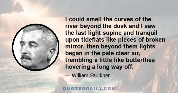 I could smell the curves of the river beyond the dusk and I saw the last light supine and tranquil upon tideflats like pieces of broken mirror, then beyond them lights began in the pale clear air, trembling a little