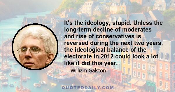 It's the ideology, stupid. Unless the long-term decline of moderates and rise of conservatives is reversed during the next two years, the ideological balance of the electorate in 2012 could look a lot like it did this