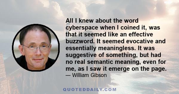 All I knew about the word cyberspace when I coined it, was that it seemed like an effective buzzword. It seemed evocative and essentially meaningless. It was suggestive of something, but had no real semantic meaning,