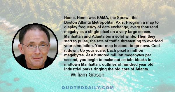 Home. Home was BAMA, the Sprawl, the Boston-Atlanta Metropolitan Axis. Program a map to display frequency of data exchange, every thousand megabytes a single pixel on a very large screen. Manhattan and Atlanta burn