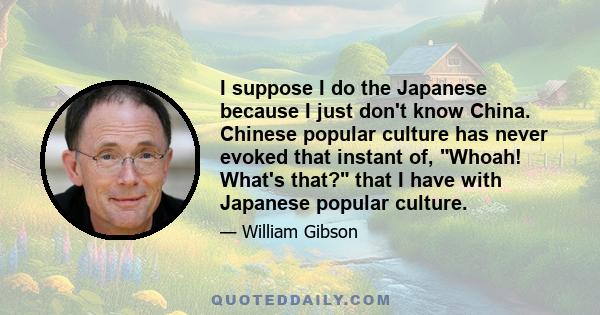 I suppose I do the Japanese because I just don't know China. Chinese popular culture has never evoked that instant of, Whoah! What's that? that I have with Japanese popular culture.