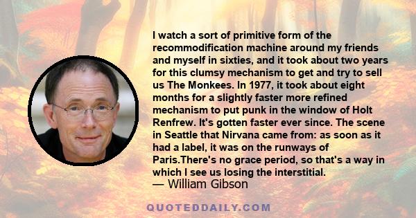 I watch a sort of primitive form of the recommodification machine around my friends and myself in sixties, and it took about two years for this clumsy mechanism to get and try to sell us The Monkees. In 1977, it took