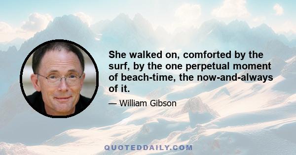 She walked on, comforted by the surf, by the one perpetual moment of beach-time, the now-and-always of it.