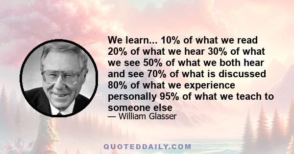 We learn... 10% of what we read 20% of what we hear 30% of what we see 50% of what we both hear and see 70% of what is discussed 80% of what we experience personally 95% of what we teach to someone else