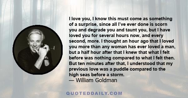 I love you, I know this must come as something of a surprise, since all I’ve ever done is scorn you and degrade you and taunt you, but I have loved you for several hours now, and every second, more. I thought an hour