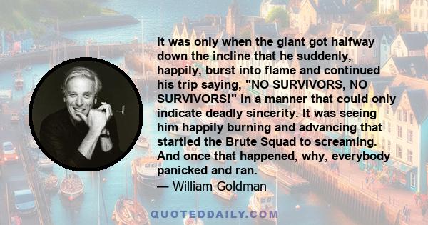 It was only when the giant got halfway down the incline that he suddenly, happily, burst into flame and continued his trip saying, NO SURVIVORS, NO SURVIVORS! in a manner that could only indicate deadly sincerity. It