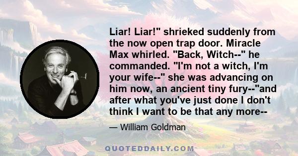 Liar! Liar! shrieked suddenly from the now open trap door. Miracle Max whirled. Back, Witch-- he commanded. I'm not a witch, I'm your wife-- she was advancing on him now, an ancient tiny fury--and after what you've just 