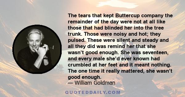 The tears that kept Buttercup company the remainder of the day were not at all like those that had blinded her into the tree trunk. Those were noisy and hot; they pulsed. These were silent and steady and all they did