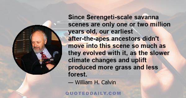 Since Serengeti-scale savanna scenes are only one or two million years old, our earliest after-the-apes ancestors didn't move into this scene so much as they evolved with it, as the slower climate changes and uplift