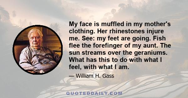 My face is muffled in my mother's clothing. Her rhinestones injure me. See: my feet are going. Fish flee the forefinger of my aunt. The sun streams over the geraniums. What has this to do with what I feel, with what I