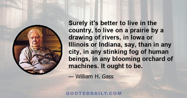 Surely it's better to live in the country, to live on a prairie by a drawing of rivers, in Iowa or Illinois or Indiana, say, than in any city, in any stinking fog of human beings, in any blooming orchard of machines. It 