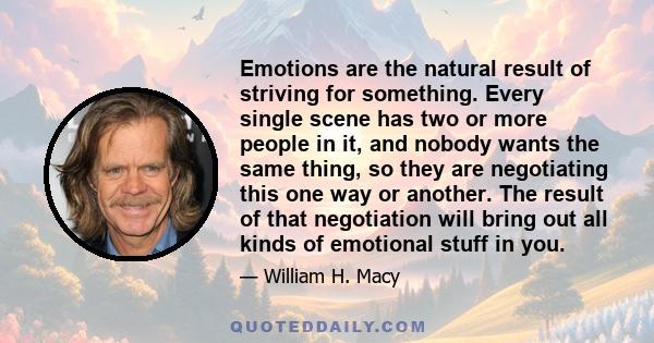 Emotions are the natural result of striving for something. Every single scene has two or more people in it, and nobody wants the same thing, so they are negotiating this one way or another. The result of that