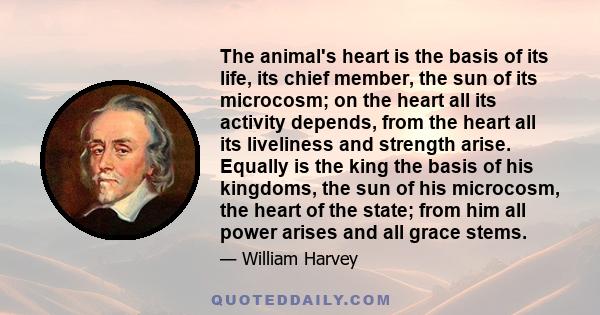 The animal's heart is the basis of its life, its chief member, the sun of its microcosm; on the heart all its activity depends, from the heart all its liveliness and strength arise. Equally is the king the basis of his