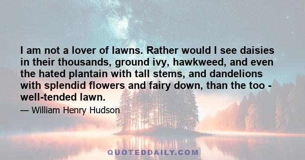 I am not a lover of lawns. Rather would I see daisies in their thousands, ground ivy, hawkweed, and even the hated plantain with tall stems, and dandelions with splendid flowers and fairy down, than the too -