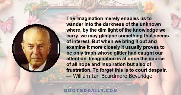 The Imagination merely enables us to wander into the darkness of the unknown where, by the dim light of the knowledge we carry, we may glimpse something that seems of interest. But when we bring it out and examine it