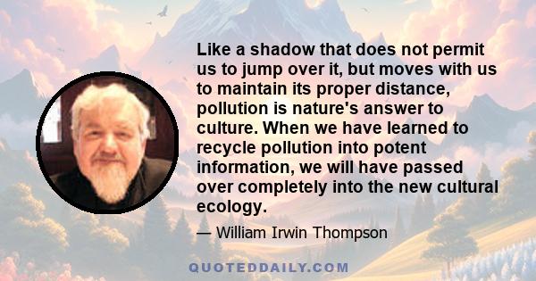 Like a shadow that does not permit us to jump over it, but moves with us to maintain its proper distance, pollution is nature's answer to culture. When we have learned to recycle pollution into potent information, we