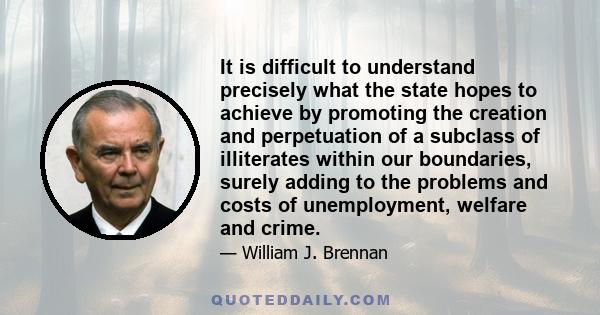 It is difficult to understand precisely what the state hopes to achieve by promoting the creation and perpetuation of a subclass of illiterates within our boundaries, surely adding to the problems and costs of