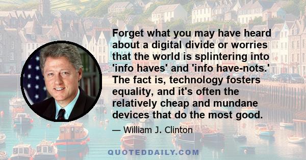 Forget what you may have heard about a digital divide or worries that the world is splintering into 'info haves' and 'info have-nots.' The fact is, technology fosters equality, and it's often the relatively cheap and