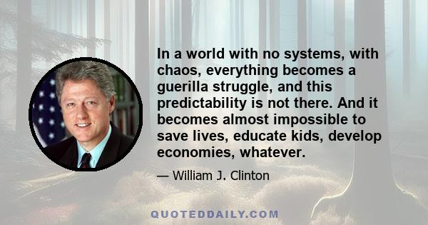 In a world with no systems, with chaos, everything becomes a guerilla struggle, and this predictability is not there. And it becomes almost impossible to save lives, educate kids, develop economies, whatever.