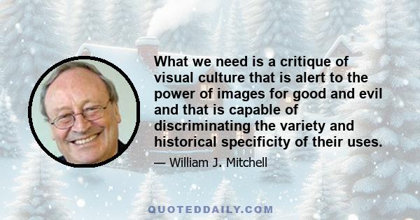 What we need is a critique of visual culture that is alert to the power of images for good and evil and that is capable of discriminating the variety and historical specificity of their uses.