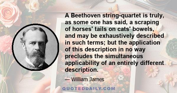 A Beethoven string-quartet is truly, as some one has said, a scraping of horses' tails on cats' bowels, and may be exhaustively described in such terms; but the application of this description in no way precludes the