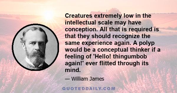 Creatures extremely low in the intellectual scale may have conception. All that is required is that they should recognize the same experience again. A polyp would be a conceptual thinker if a feeling of 'Hello!