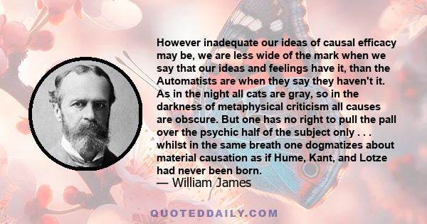 However inadequate our ideas of causal efficacy may be, we are less wide of the mark when we say that our ideas and feelings have it, than the Automatists are when they say they haven't it. As in the night all cats are