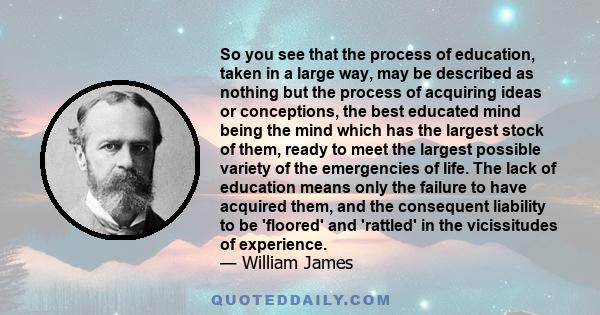 So you see that the process of education, taken in a large way, may be described as nothing but the process of acquiring ideas or conceptions, the best educated mind being the mind which has the largest stock of them,