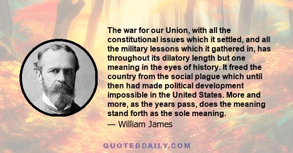 The war for our Union, with all the constitutional issues which it settled, and all the military lessons which it gathered in, has throughout its dilatory length but one meaning in the eyes of history. It freed the