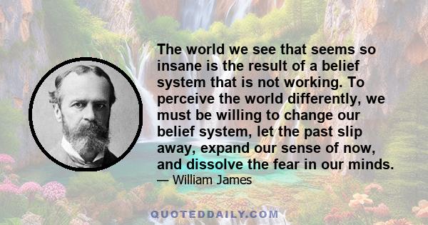 The world we see that seems so insane is the result of a belief system that is not working. To perceive the world differently, we must be willing to change our belief system, let the past slip away, expand our sense of