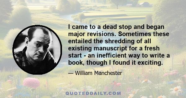 I came to a dead stop and began major revisions. Sometimes these entailed the shredding of all existing manuscript for a fresh start - an inefficient way to write a book, though I found it exciting.