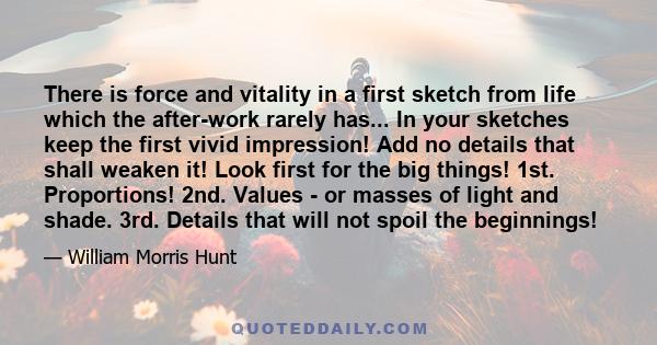 There is force and vitality in a first sketch from life which the after-work rarely has... In your sketches keep the first vivid impression! Add no details that shall weaken it! Look first for the big things! 1st.