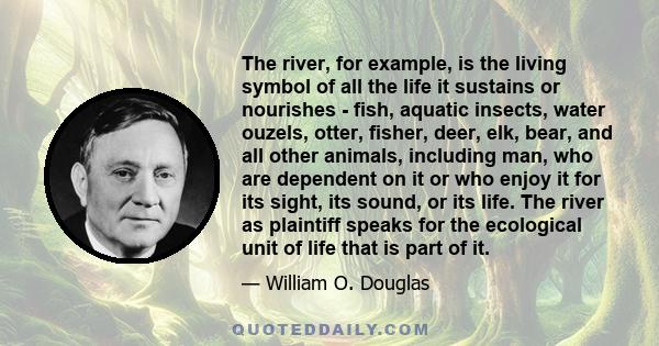 The river, for example, is the living symbol of all the life it sustains or nourishes - fish, aquatic insects, water ouzels, otter, fisher, deer, elk, bear, and all other animals, including man, who are dependent on it