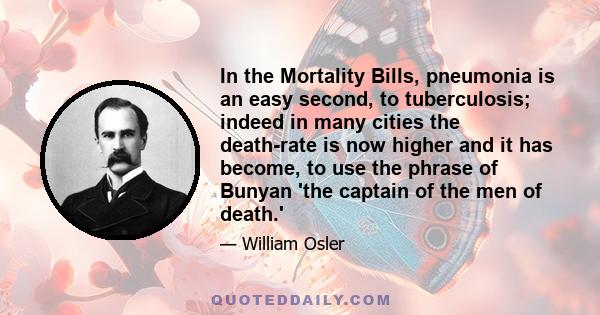 In the Mortality Bills, pneumonia is an easy second, to tuberculosis; indeed in many cities the death-rate is now higher and it has become, to use the phrase of Bunyan 'the captain of the men of death.'