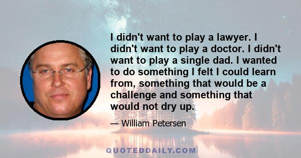 I didn't want to play a lawyer. I didn't want to play a doctor. I didn't want to play a single dad. I wanted to do something I felt I could learn from, something that would be a challenge and something that would not