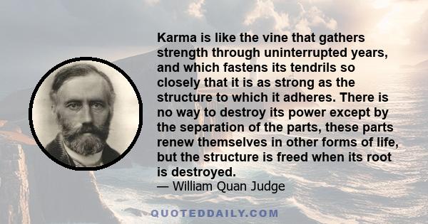 Karma is like the vine that gathers strength through uninterrupted years, and which fastens its tendrils so closely that it is as strong as the structure to which it adheres. There is no way to destroy its power except