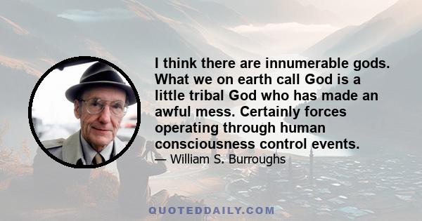 I think there are innumerable gods. What we on earth call God is a little tribal God who has made an awful mess. Certainly forces operating through human consciousness control events.